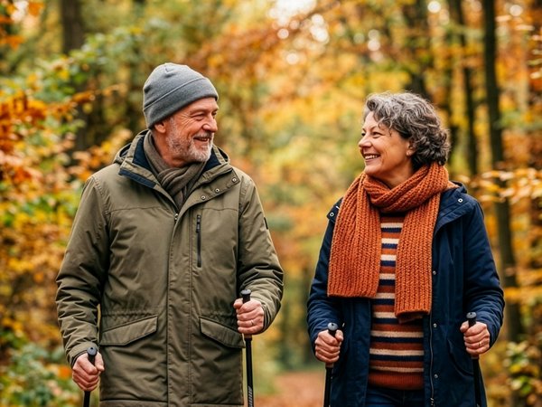 Eine Frau und ein Mann walken durch einen Herbstwald