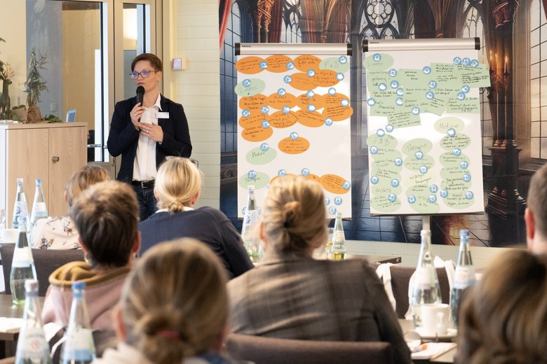 Vertriebsleiterin steht vor Flipcharts mit Mikrofon in der Hand