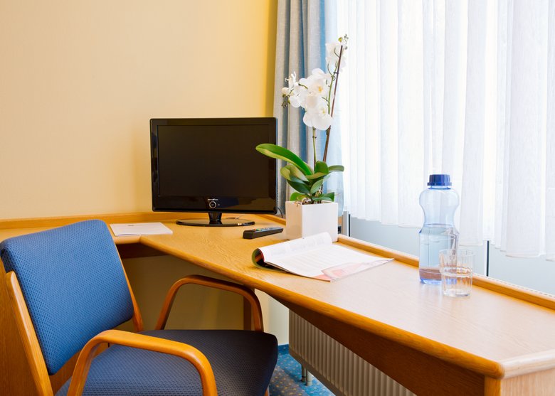 Schreibtisch mit Stuhl, TV und Blume